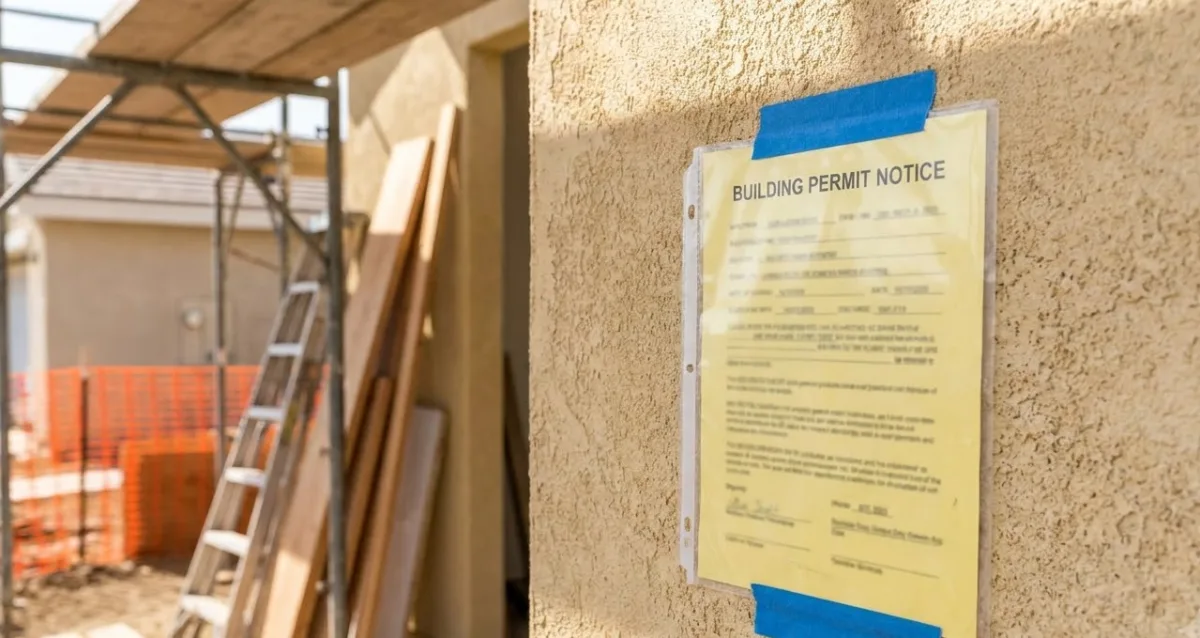 Building permit notice posted on the wall of a Florida home under renovation